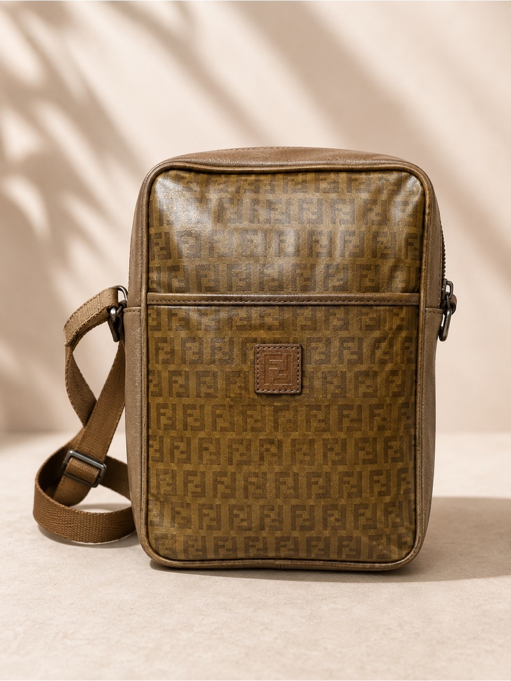 Vintage Fendi Zucca FF Monogram Crossbody Messenger Bag Brown Tan Leather Trim